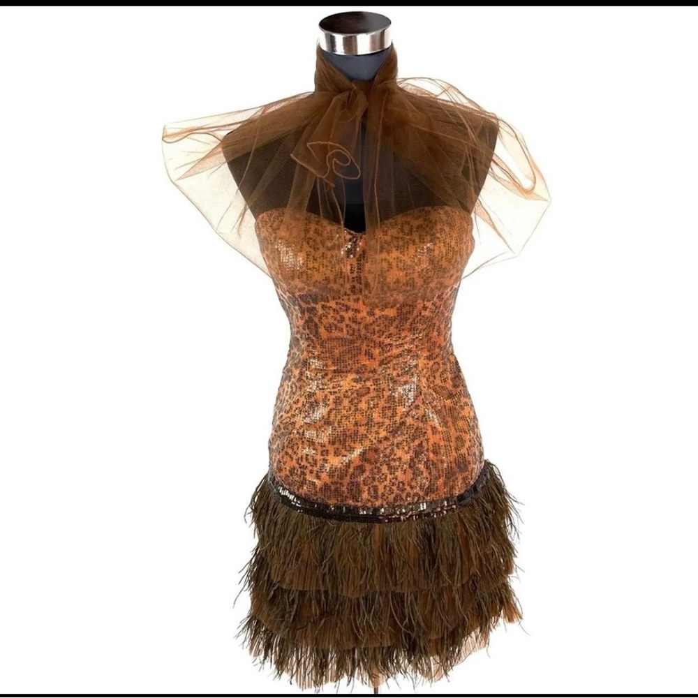 Brown Leopard Print Animal Print Sleeveless Sweetheart Mini Ruffle Sequins Dress